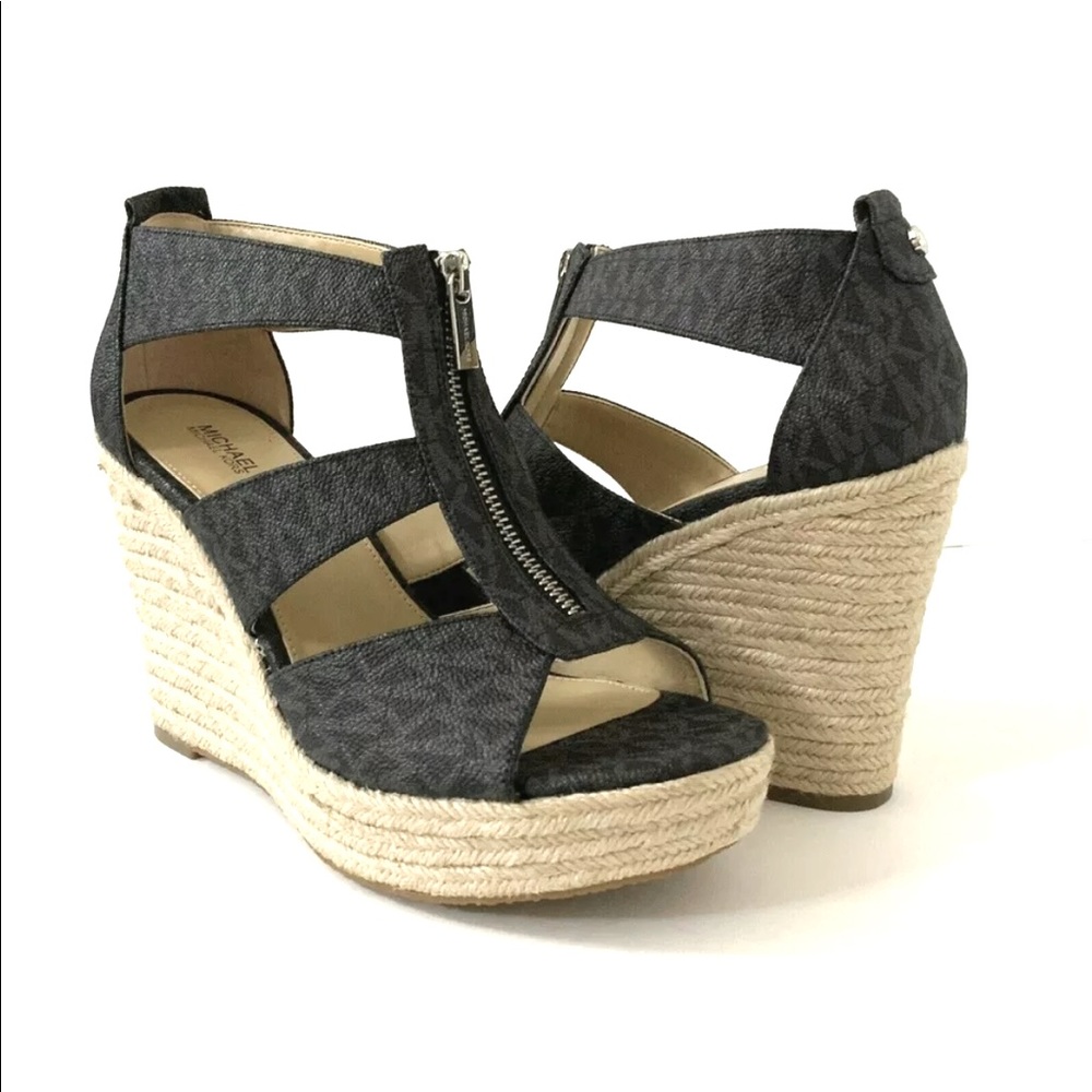 Michael Kors wedge sandals. Mini MK logo print.